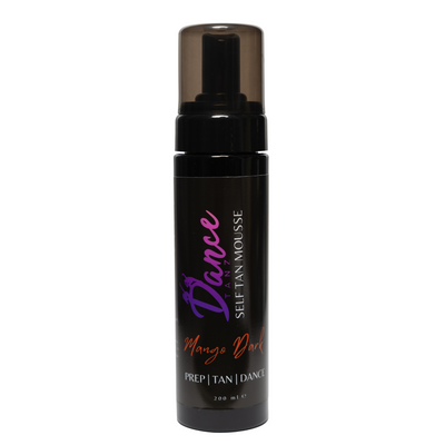 Black bottle of Mango Dark Self Tan Mousse standing upright with purple and pink logo