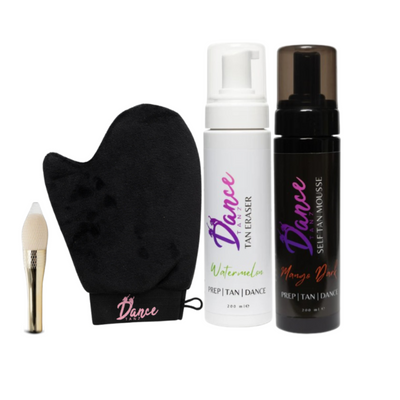 Styled product photo with Mango Dark Mousse, mitt and brush, and tan eraser