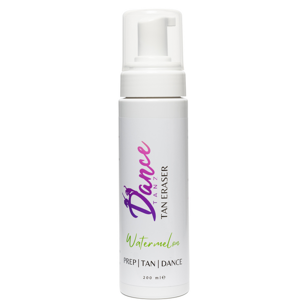 White bottle of Watermelon Tan Eraser with simple, bold label design