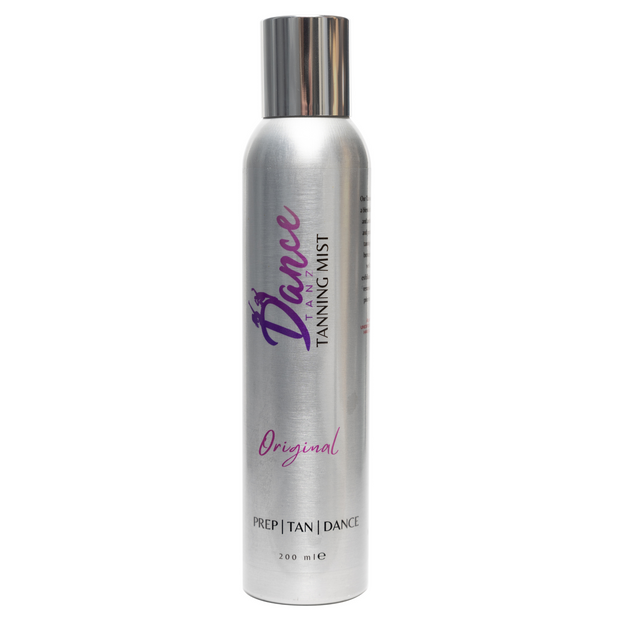 Silver spray bottle of Mango Dark Tanning Mist with pink and purple logo