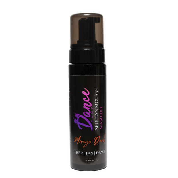 Bottle of Mango Dark Wash-Off Mousse with clear label indicating temporary tan

